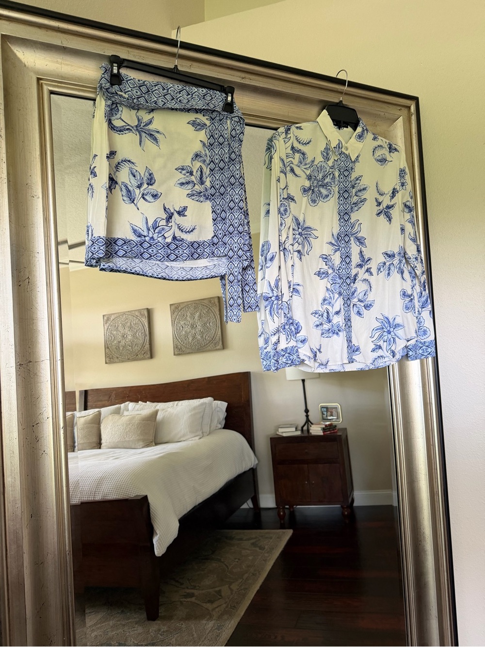 Blue and White Floral Button-Up Blouse and Skirt Set